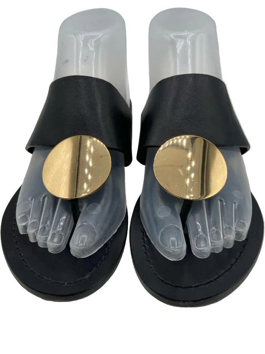 Tory Burch Shoe Size 7 Black Leather Gold hardware Circle Detail Thong Sandals