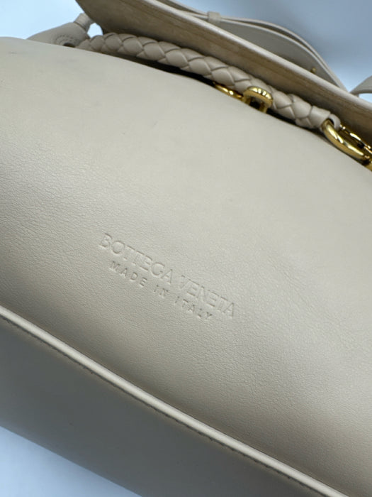 Bottega Veneta Beige Leather Gold Tone Hardware Flap Braided Detail Shoulder Bag