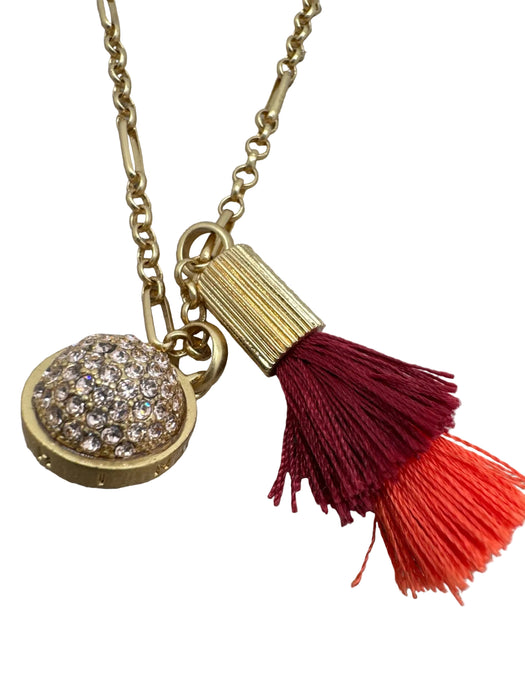 India Hicks Red, Orange, Gold Metal Fringe Rhinestone Charms Long Necklace
