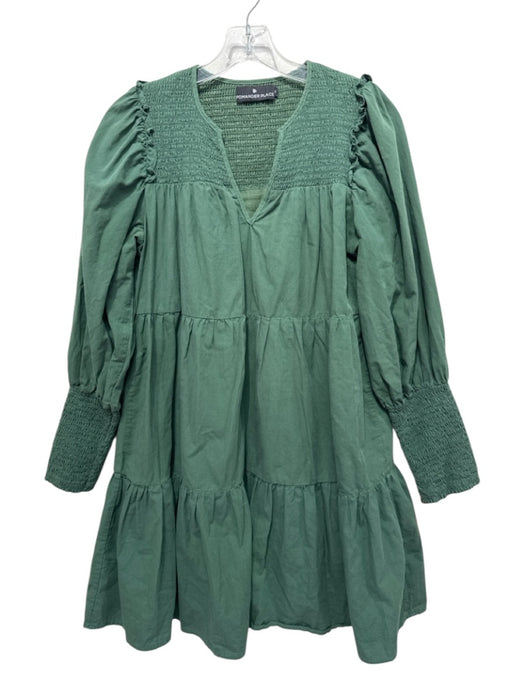 Pomander Place Size S Green Cotton Smocked Detail Tiered Long Sleeve Dress Green / S
