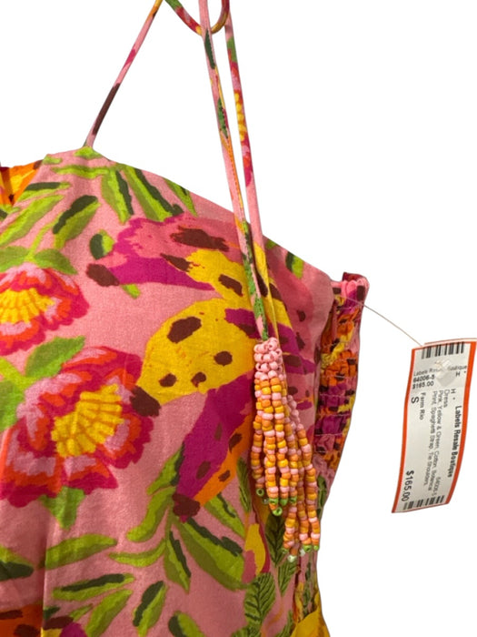 Farm Rio Size S Pink, Yellow & Green Cotton Botanical Print Tie Shoulders Dress Pink, Yellow & Green / S