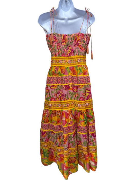 Farm Rio Size S Pink, Yellow & Green Cotton Botanical Print Tie Shoulders Dress Pink, Yellow & Green / S