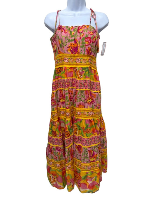Farm Rio Size S Pink, Yellow & Green Cotton Botanical Print Tie Shoulders Dress Pink, Yellow & Green / S
