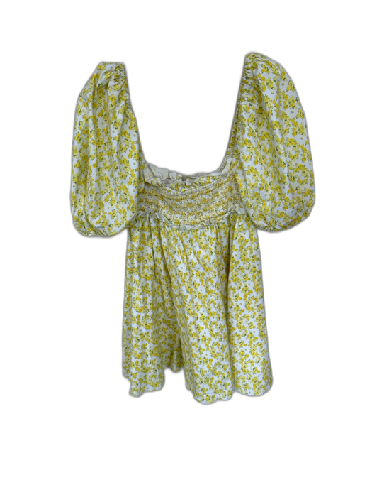For Love & Lemons Size M Yellow & Green Cotton Short Balloon Sleeve Dress Yellow & Green / M