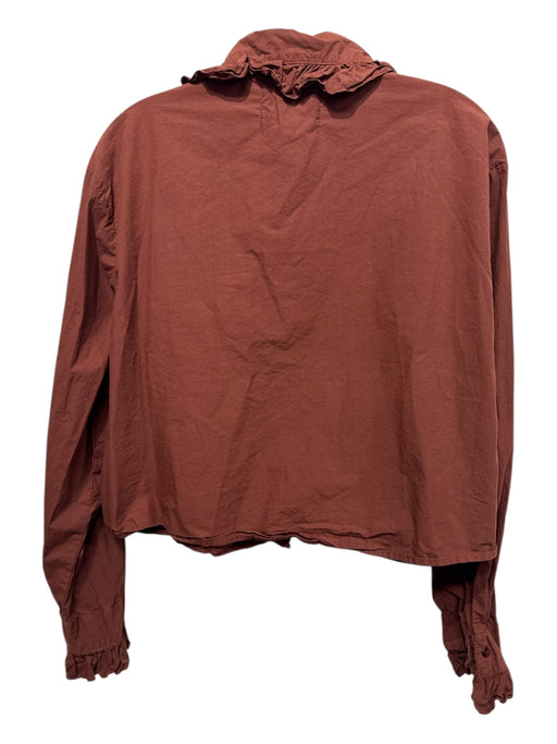 Eche Size L Brown Cotton Long Sleeve Button Up Ruffle collar Patch Pocket Top Brown / L