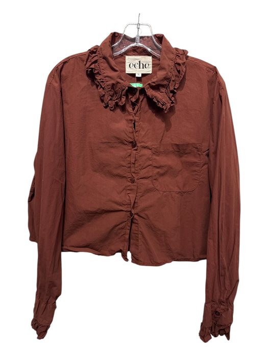 Eche Size L Brown Cotton Long Sleeve Button Up Ruffle collar Patch Pocket Top Brown / L