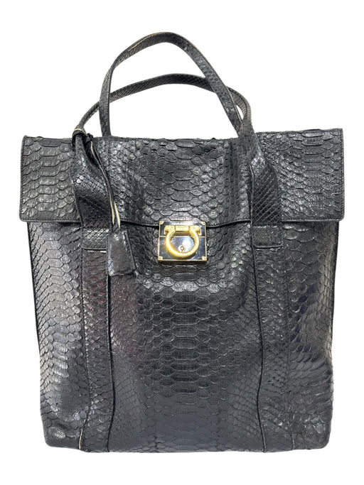 Salvatore Ferragamo Black Snake Gold hardware Logo key ring Satchel Bag Black / Large