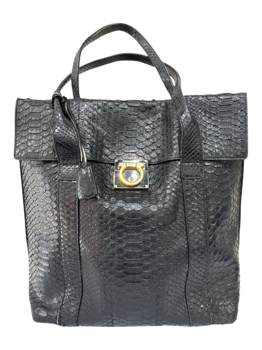 Salvatore Ferragamo Black Snake Gold hardware Logo key ring Satchel Bag Black / Large