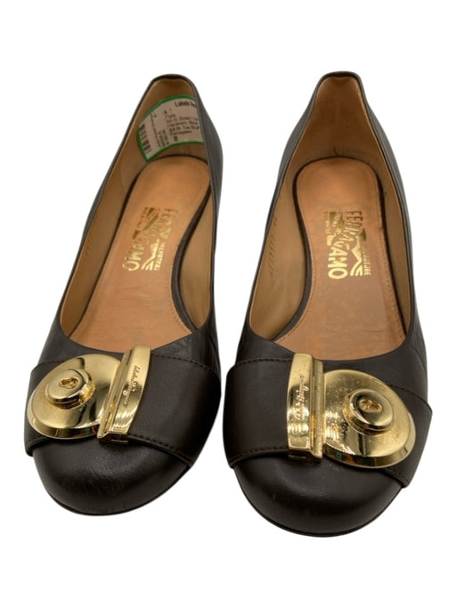 Ferragamo Shoe Size 8 Brown Leather Round Toe Gold Hardware Block Heel Flats Brown / 8