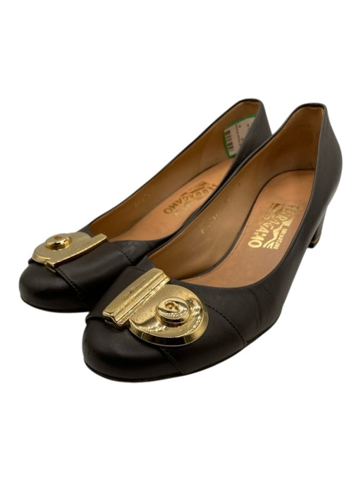 Ferragamo Shoe Size 8 Brown Leather Round Toe Gold Hardware Block Heel Flats Brown / 8