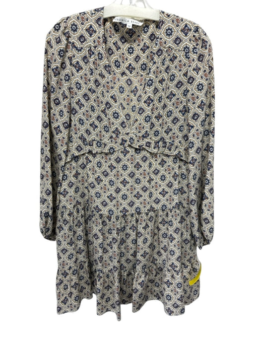 Veronica Beard Size 6 cream, navy & brown Silk Long Sleeve V Neck Dress cream, navy & brown / 6