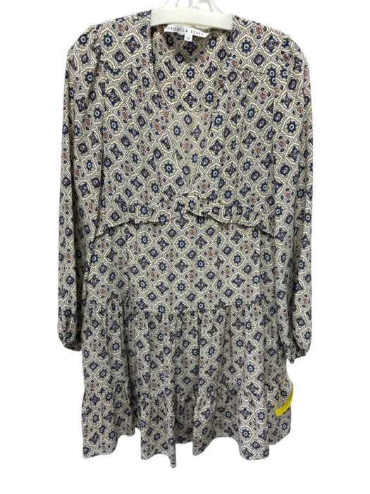 Veronica Beard Size 6 cream, navy & brown Silk Long Sleeve V Neck Dress cream, navy & brown / 6