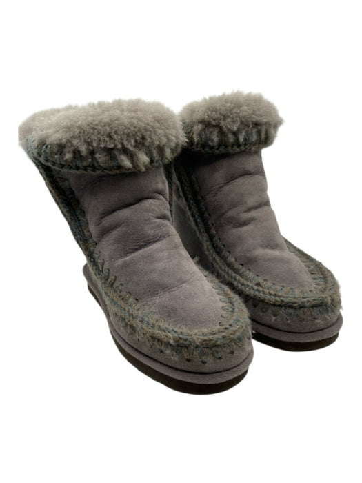 Mou Shoe Size 8 Gray Suede Shearling Detail Stitch Detail Heel Booties Gray / 8
