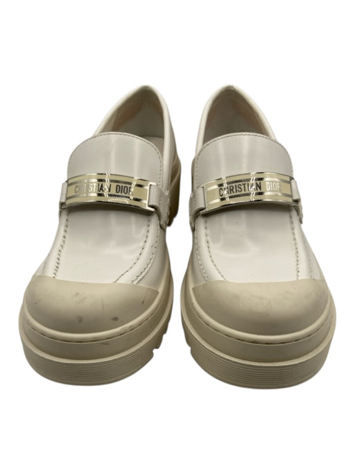 Christian Dior Shoe Size 8 White & Cream Leather & Rubber Block Heel Loafers White & Cream / 8