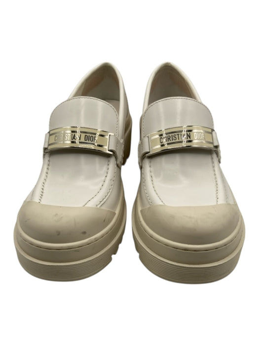 Christian Dior Shoe Size 8 White & Cream Leather & Rubber Block Heel Loafers White & Cream / 8
