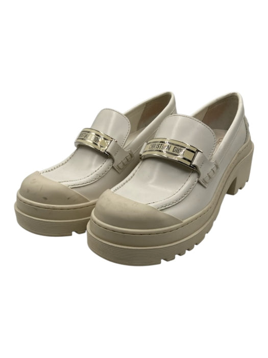 Christian Dior Shoe Size 8 White & Cream Leather & Rubber Block Heel Loafers White & Cream / 8