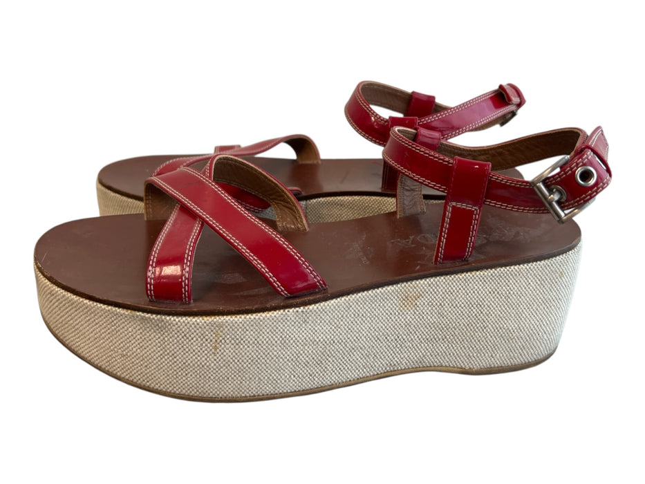 Prada Shoe Size 38 1/2 Red Leather Platform Open Toe Ankle Strap Wedge Shoes Red / 38 1/2