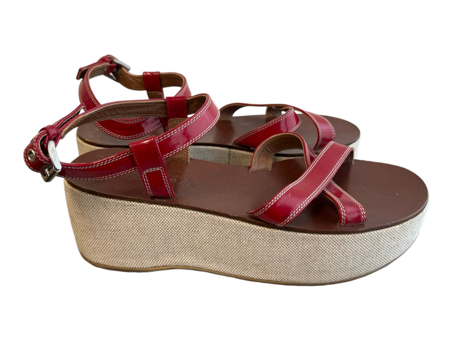 Prada Shoe Size 38 1/2 Red Leather Platform Open Toe Ankle Strap Wedge Shoes Red / 38 1/2