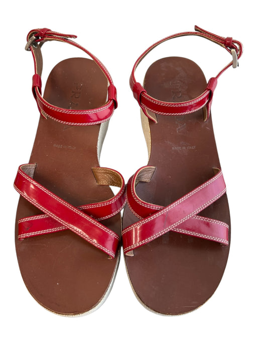 Prada Shoe Size 38 1/2 Red Leather Platform Open Toe Ankle Strap Wedge Shoes Red / 38 1/2