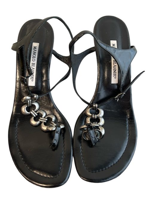 Manolo Blahnik Shoe Size 39 Black Leather Thong Strap Stiletto Shoes Black / 39
