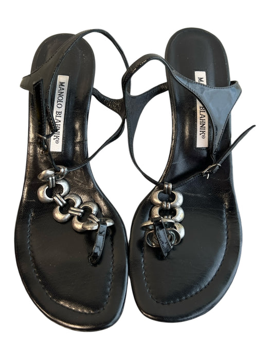 Manolo Blahnik Shoe Size 39 Black Leather Thong Strap Stiletto Shoes Black / 39