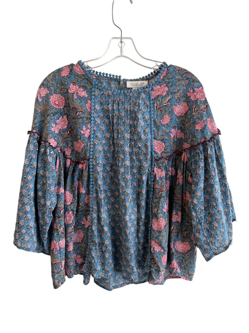 Rachel Zoe Size S Blue & Multi Cotton Round Neck Long Puff Sleeve Top Blue & Multi / S