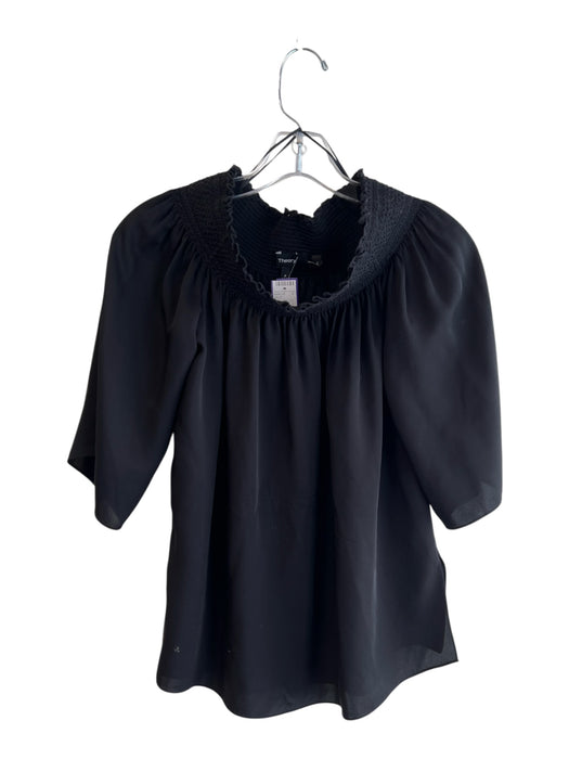 Theory Size P Black Silk Satin Elastic Neck Half Sleeve Top Black / P