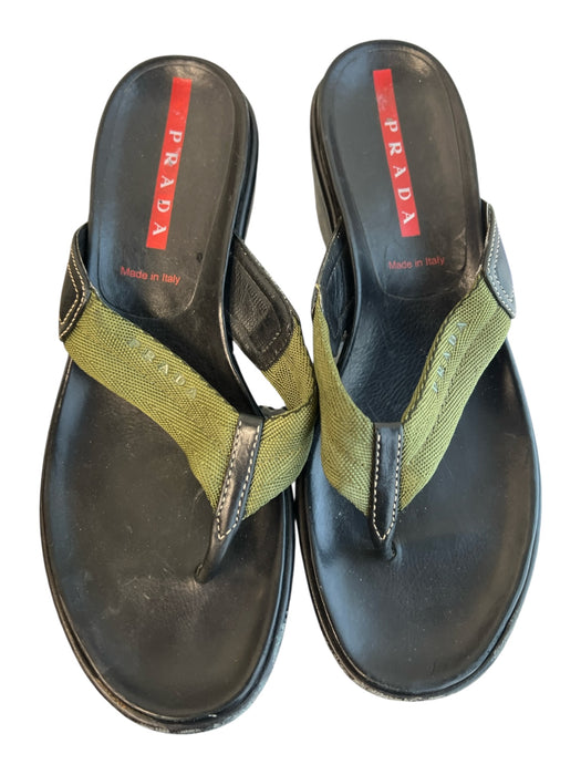 Prada Shoe Size 38.5 Black & Green Leather & Manmade Thong Strap Platform Shoes Black & Green / 38.5