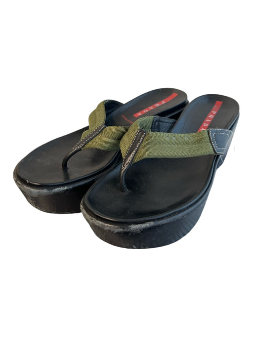 Prada Shoe Size 38.5 Black & Green Leather & Manmade Thong Strap Platform Shoes Black & Green / 38.5