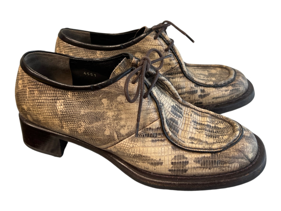 Prada Shoe Size 37.5 Brown Leather Reptile Almond Toe Lace Up Loafer Shoes Brown / 37.5