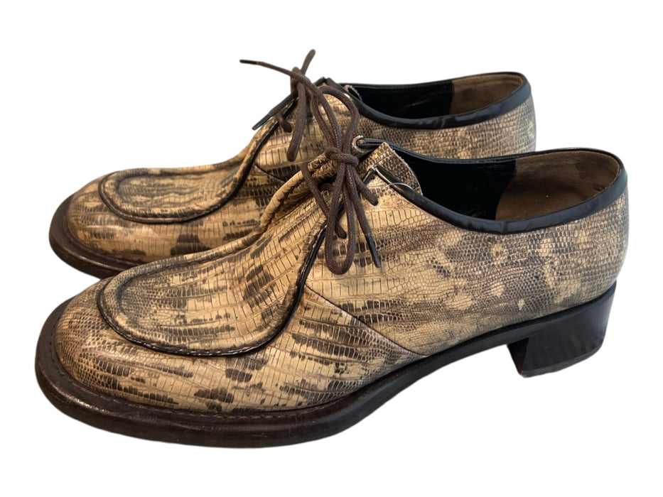 Prada Shoe Size 37.5 Brown Leather Reptile Almond Toe Lace Up Loafer Shoes Brown / 37.5