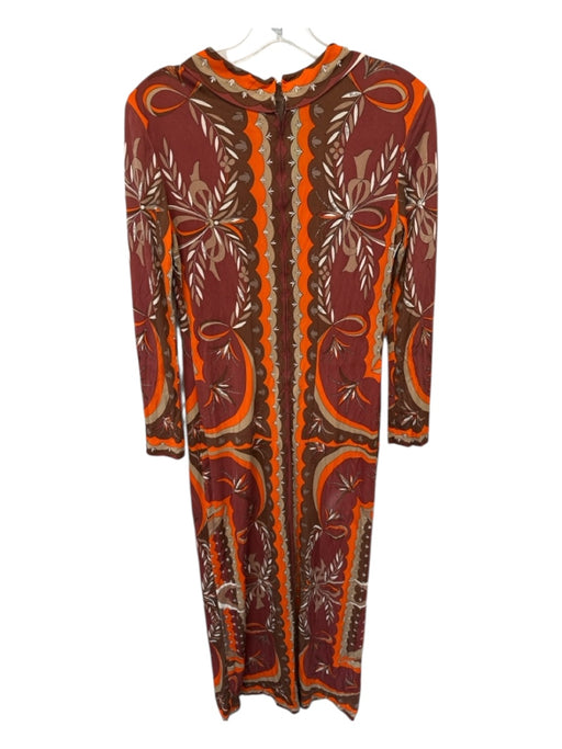 Emilio Pucci Size Est S Orange & Brown Silk Long Sleeve Scallop Print Maxi Dress Orange & Brown / Est S