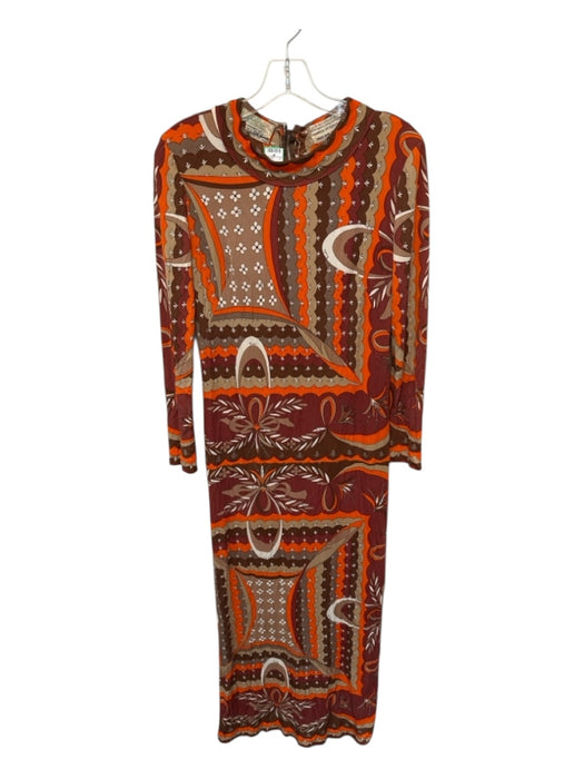 Emilio Pucci Size Est S Orange & Brown Silk Long Sleeve Scallop Print Maxi Dress Orange & Brown / Est S