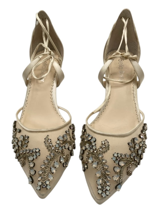 Bella Belle Shoe Size 8 White & Silver Leather Silk Upper Mesh Embellished Pumps White & Silver / 8