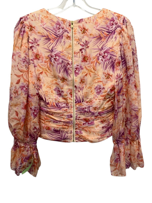 AMUR Size S Orange, Pink, Purple Silk V Neck Floral 3/4 Sleeve Crop Top Orange, Pink, Purple / S