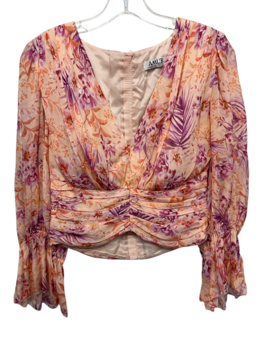 AMUR Size S Orange, Pink, Purple Silk V Neck Floral 3/4 Sleeve Crop Top Orange, Pink, Purple / S