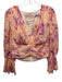 AMUR Size S Orange, Pink, Purple Silk V Neck Floral 3/4 Sleeve Crop Top Orange, Pink, Purple / S
