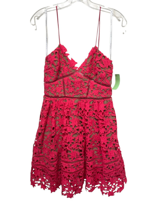 Self Portrait Size 6 Coral Pink & Tan Polyester Floral Lace Overlay V Neck Dress Coral Pink & Tan / 6