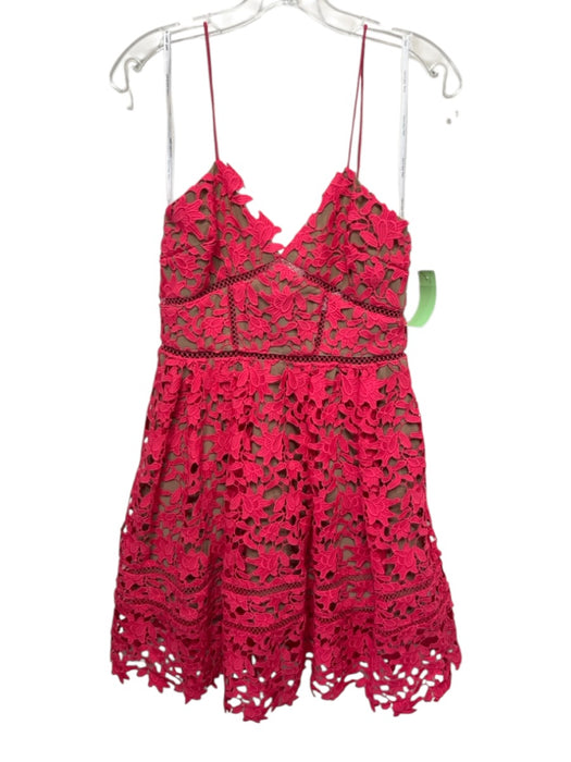Self Portrait Size 6 Coral Pink & Tan Polyester Floral Lace Overlay V Neck Dress Coral Pink & Tan / 6