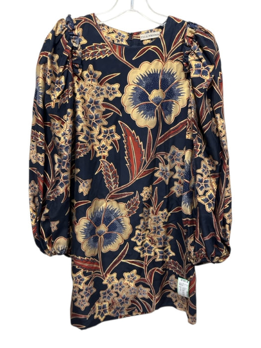 Ulla Johnson Size 2 Navy Blue, Gold, Rust Red Silk Floral Long Sleeve Dress Navy Blue, Gold, Rust Red / 2
