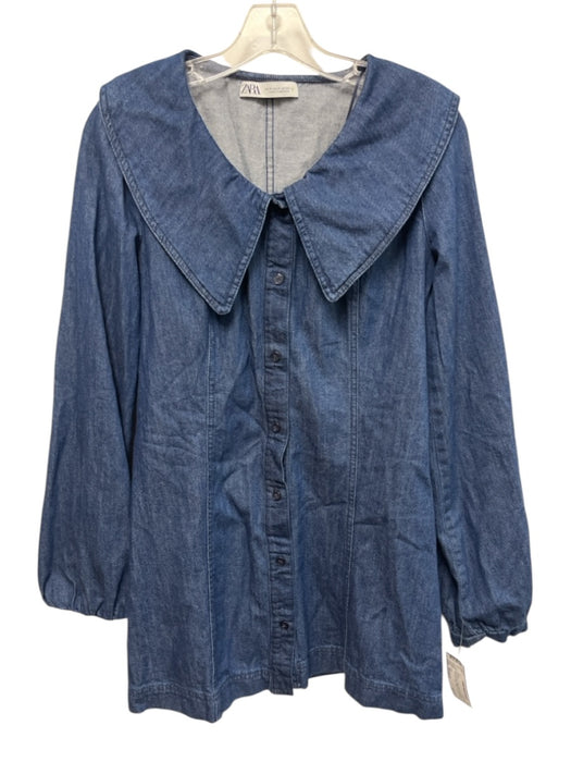 Zara Size Medium Dark Wash Cotton Blend Long Sleeve Oversize Collar Dress Dark Wash / Medium