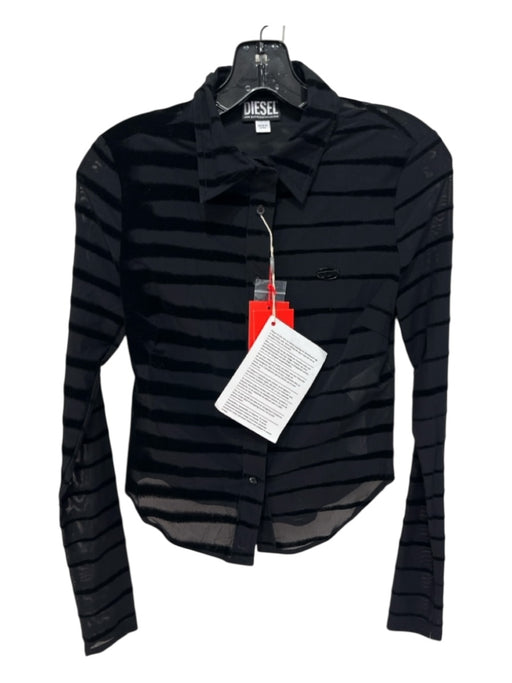 Diesel Size Small Black Nylon & Spandex Sheer Velvet Stripe Button Down Top Black / Small