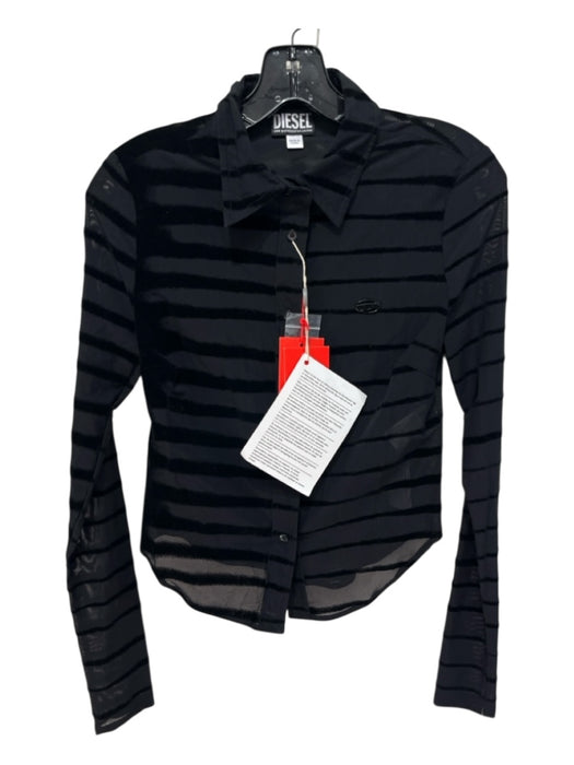 Diesel Size Small Black Nylon & Spandex Sheer Velvet Stripe Button Down Top Black / Small