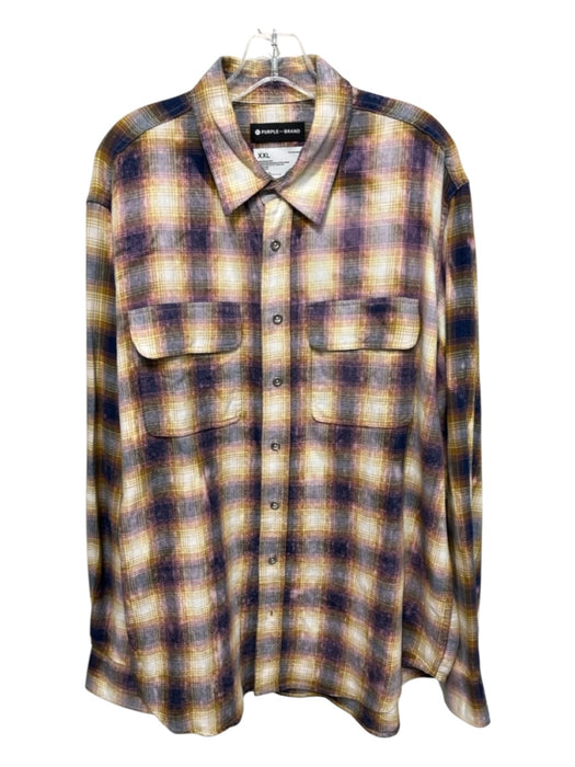 Purple - Brand Size XXL Beige & Pink Cotton Blend Plaid Men's Long Sleeve Shirt Beige & Pink / XXL