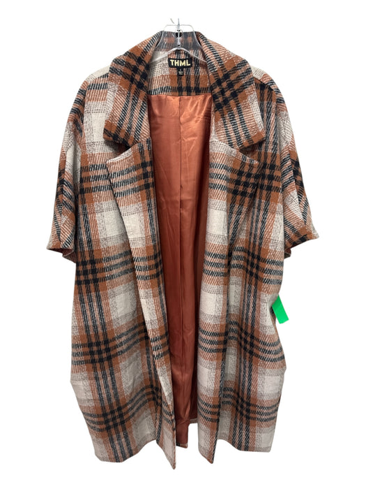 THML Size S Cream, Brown & Black Polyester Short Sleeve Plaid Open Front Coat Cream, Brown & Black / S
