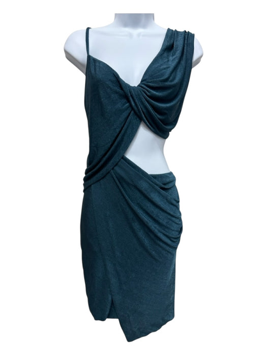 House of CB Size L Teal Blue Polyester Twist Cutout Asymmetric Velvet Dress Teal Blue / L