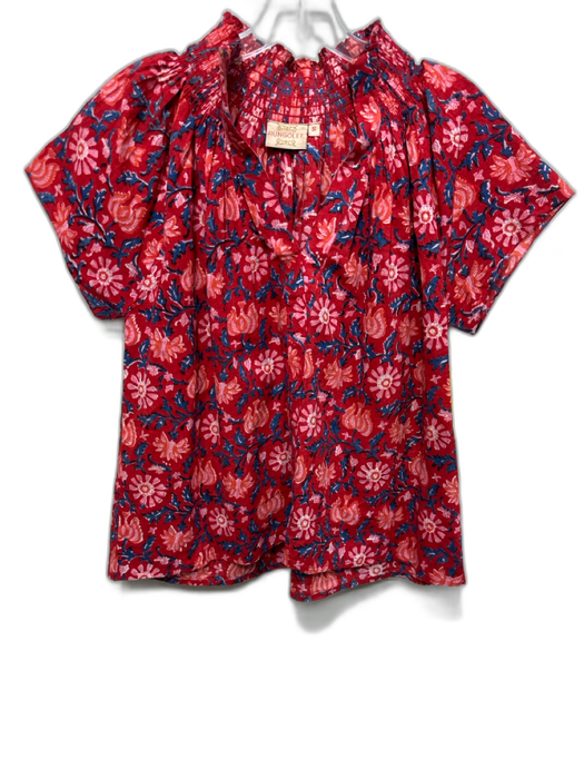 Rungolee Size S Red, Blue & Pink Cotton Short Sleeve Floral Smock Neck Top Red, Blue & Pink / S