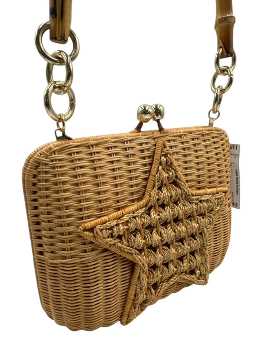 SERPUI Beige Wicker Woven Star Hinge Open Hand Bag Beige