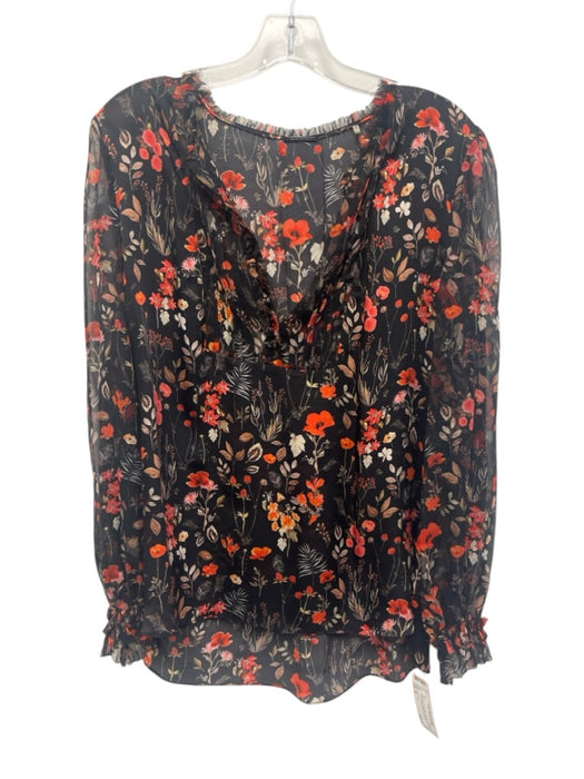 Elie Tahari Size M Black, Red, Multi Silk Long Sleeve Floral Print Buttons Top Black, Red, Multi / M