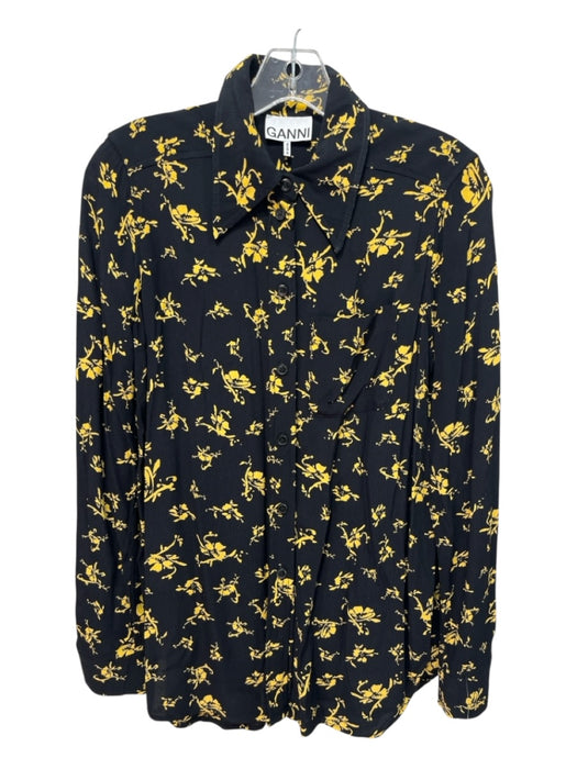 Ganni Size S / 38 Black & Yellow Viscose Floral Long Sleeve Button Down Top Black & Yellow / S / 38